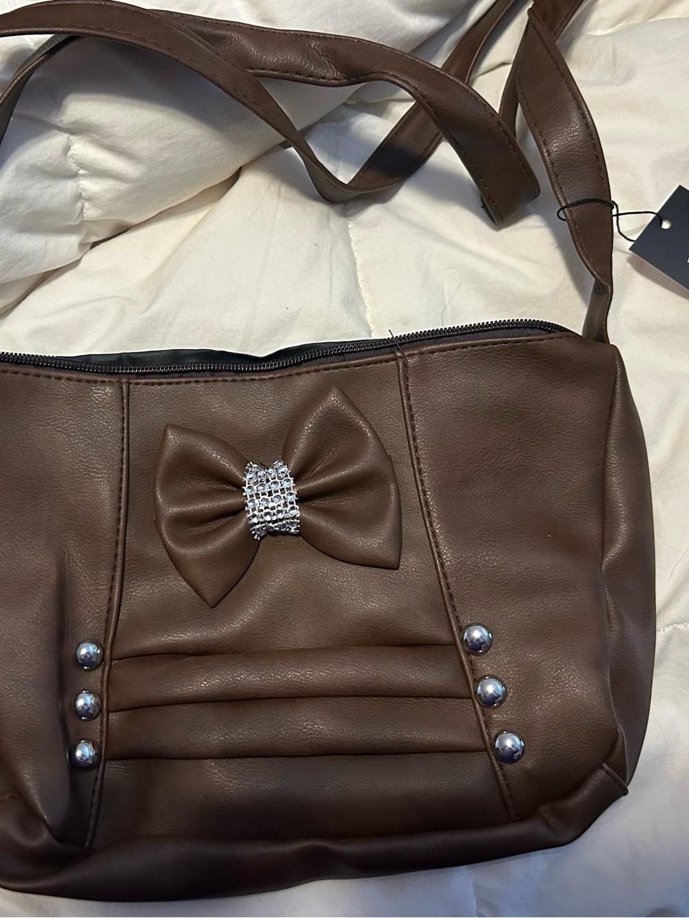 Chocolate Brown Bow Accent Crossbody Bag with Rhinestone Trim